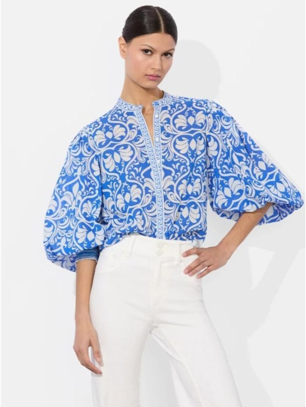 Alice + Olivia April Soiree True Blue Printed Cotton Blouse Small NWT $375